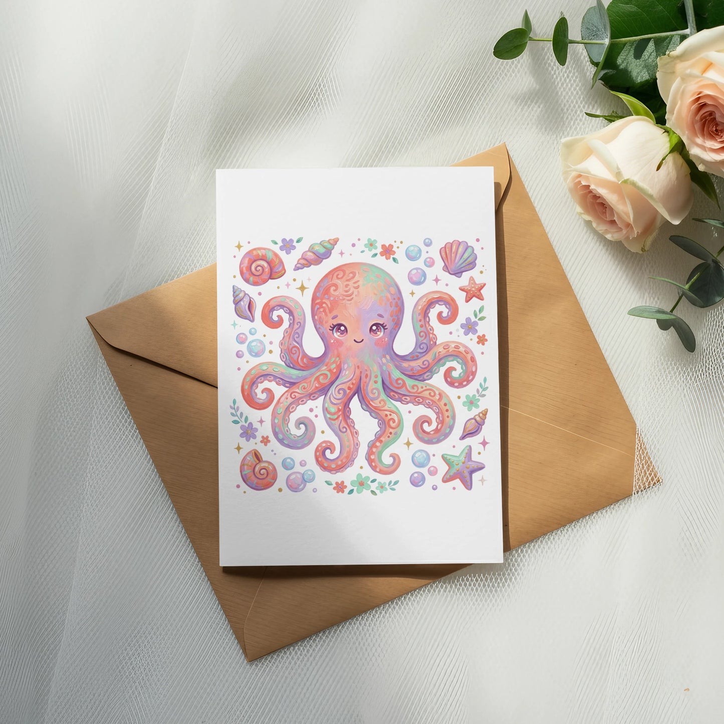 Whimsical watercolor octopus with seashells and starfish on a card.
