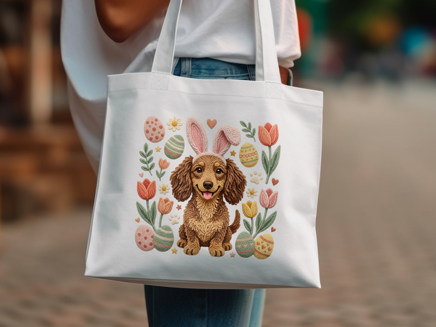 Tote bag with a dachshund wearing bunny ears surrounded by Easter eggs and tulips.