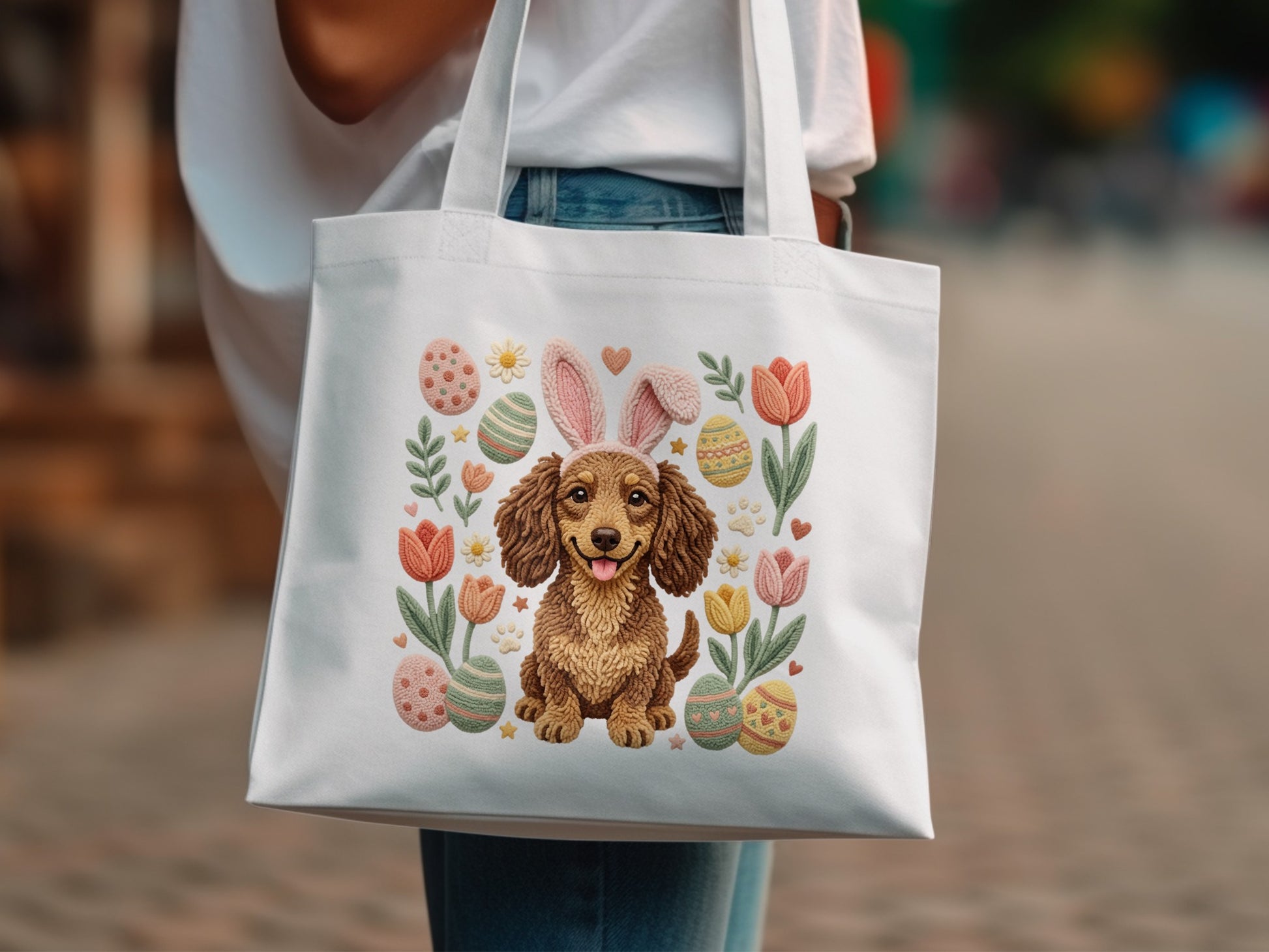 Tote bag with a dachshund wearing bunny ears surrounded by Easter eggs and tulips.