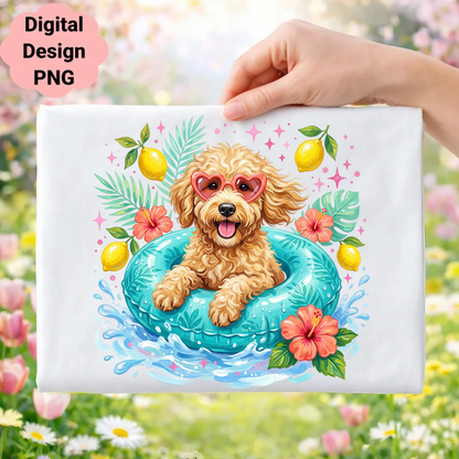 Poodle in a float with sunglasses, surrounded by hibiscus flowers and lemons.
