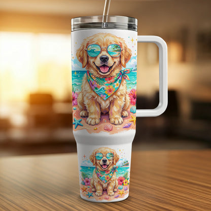 Golden retriever wearing sunglasses and bandana on beach, on a travel mug.
