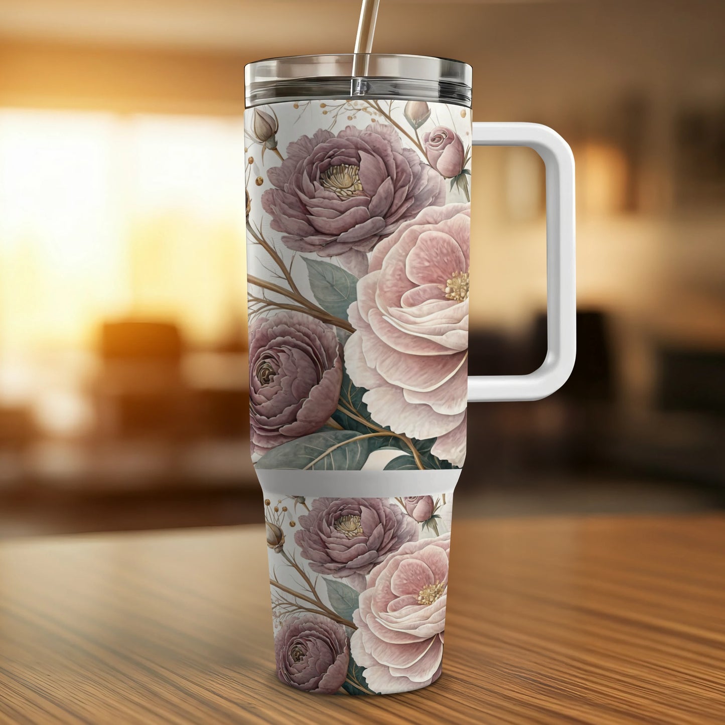 Tumbler with a floral pattern of roses and leaves.