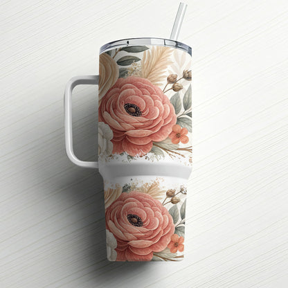 Floral tumbler with handle and straw, cream background with pink roses and greenery.