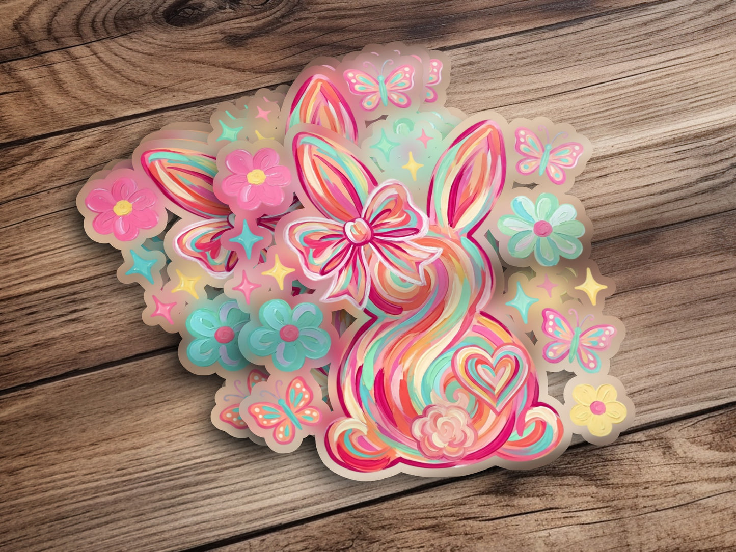 Colorful Easter bunny with flowers and butterflies on wood grain background.