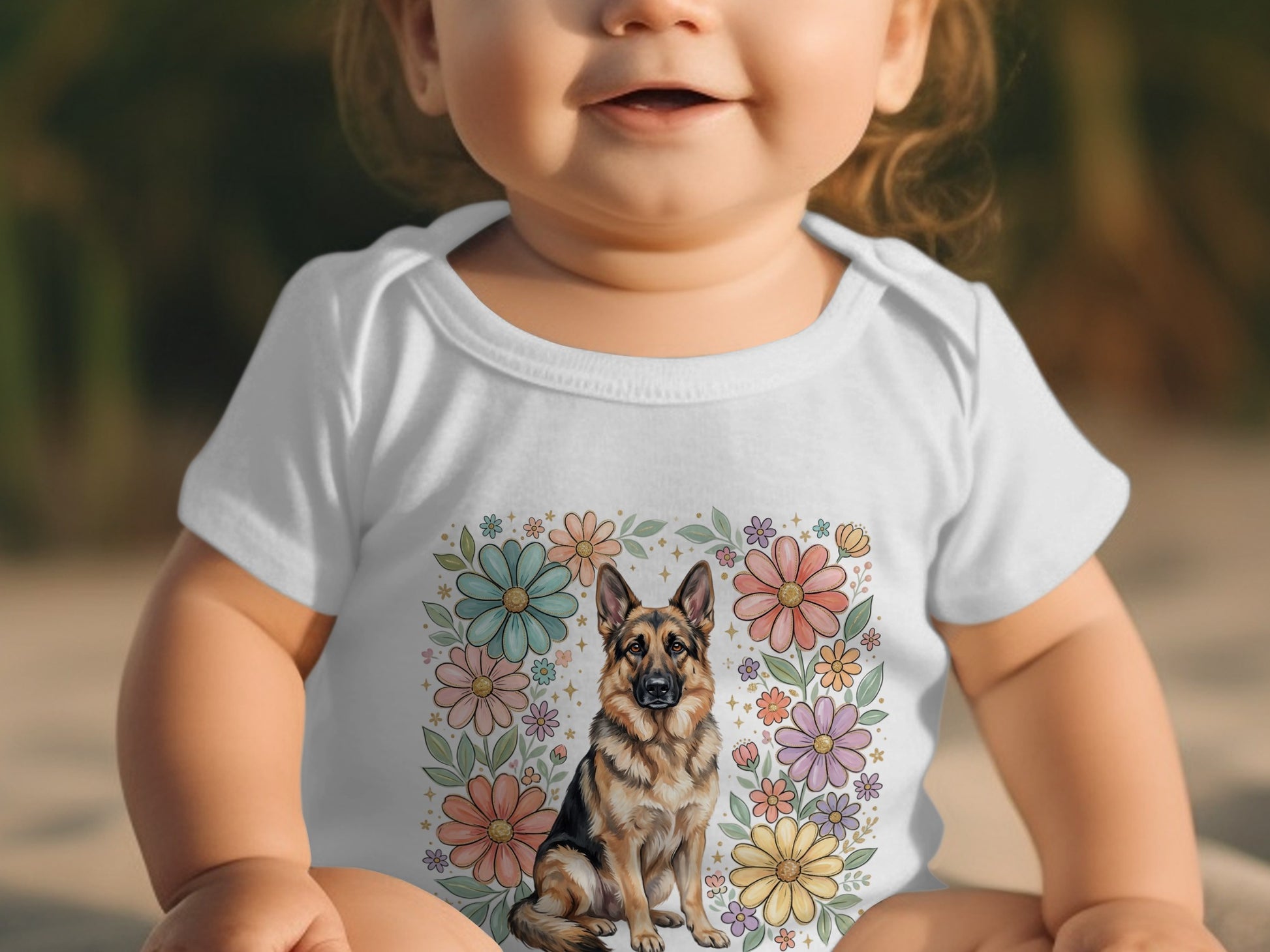 Baby wearing white bodysuit with German Shepherd and floral design.