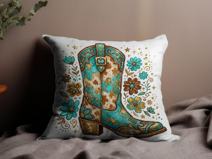 Turquoise cowboy boot with floral accents on a decorative pillow.