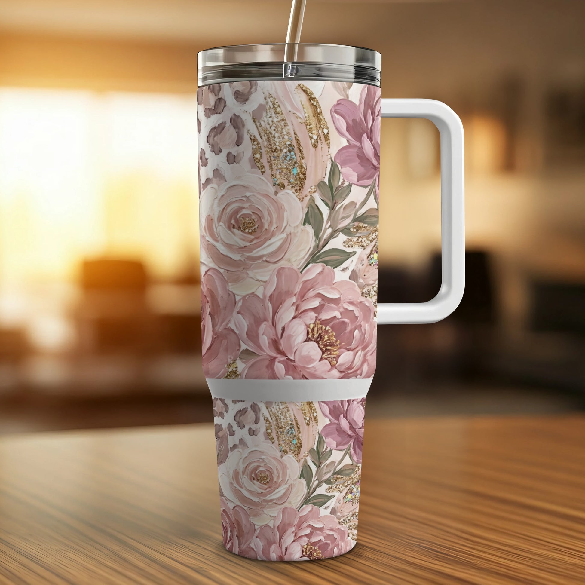 Pink floral and leopard print tumbler with handle and straw.