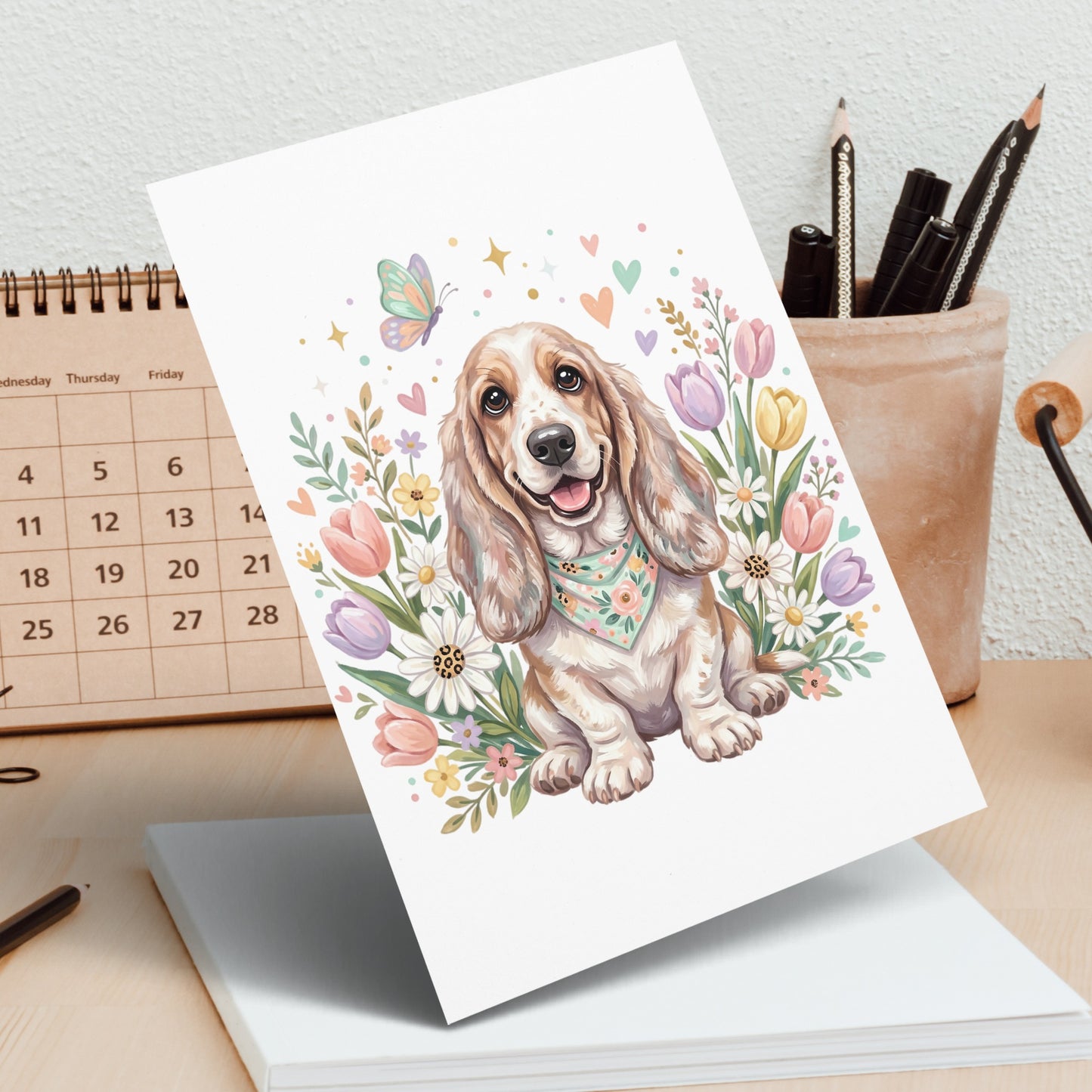 Basset hound wearing a bandana surrounded by colorful flowers and butterflies.