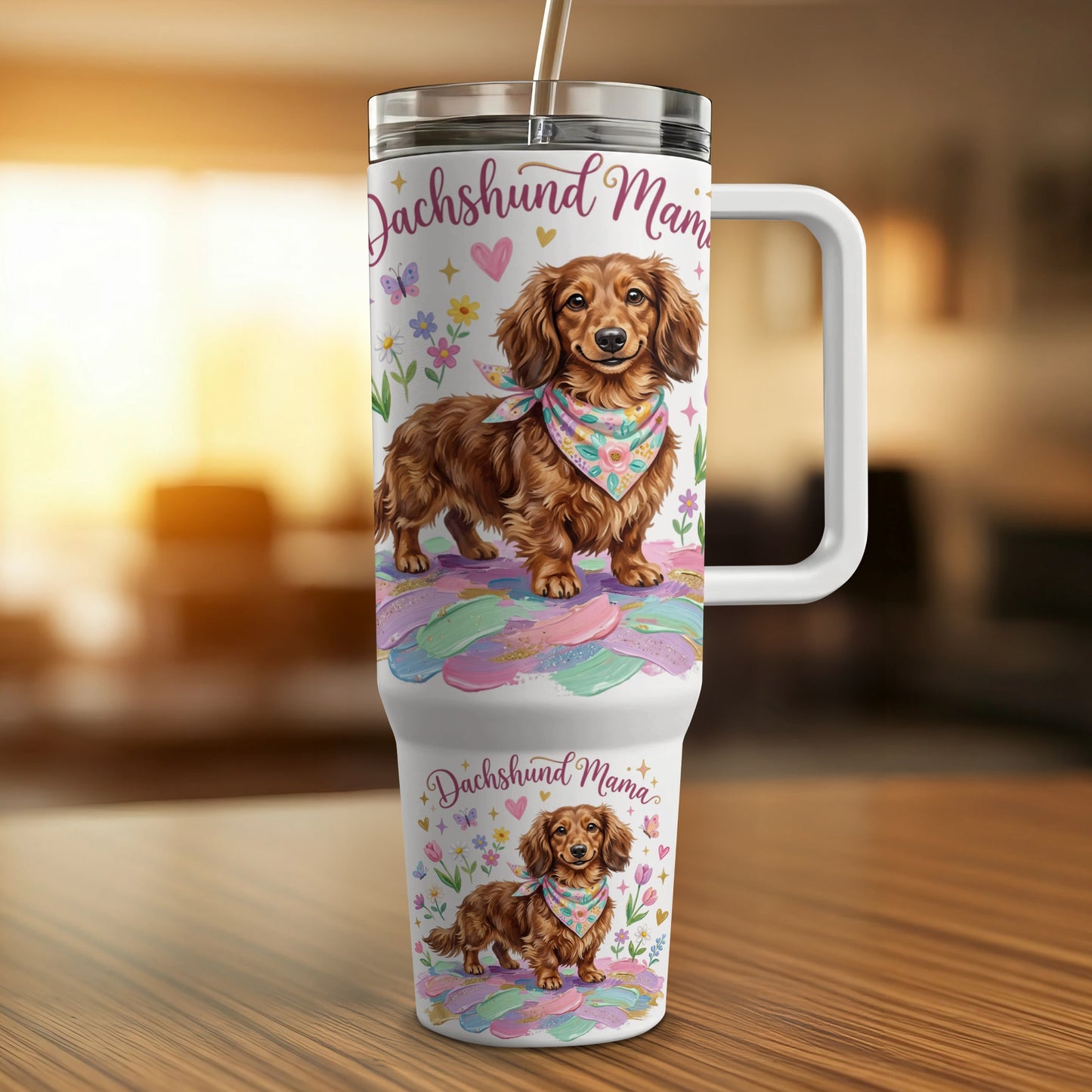 Dachshund Mama tumbler with floral bandana dachshunds and colorful abstract background.