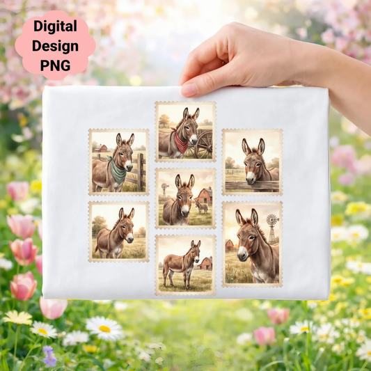 Donkey stamps arranged on a white parcel in a floral field.