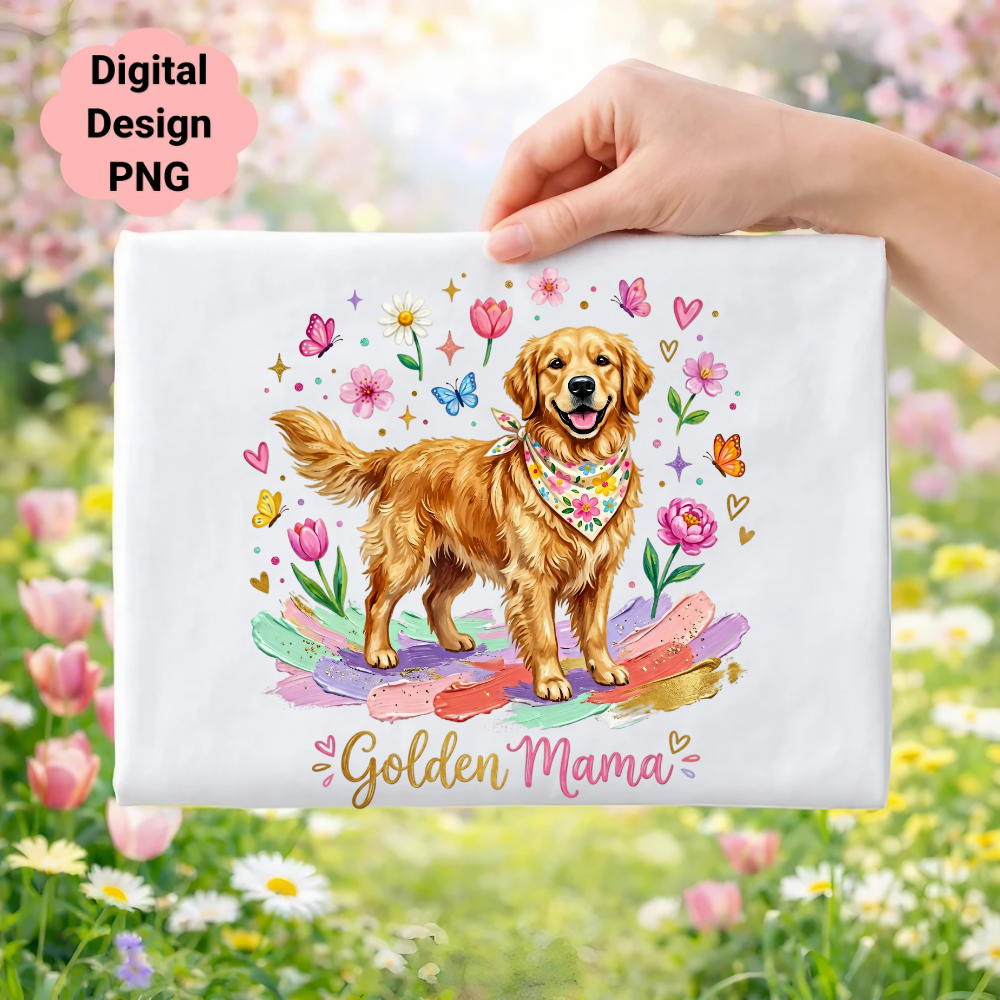 Golden Retriever with bandana surrounded by flowers and butterflies, "Golden Mama" text.