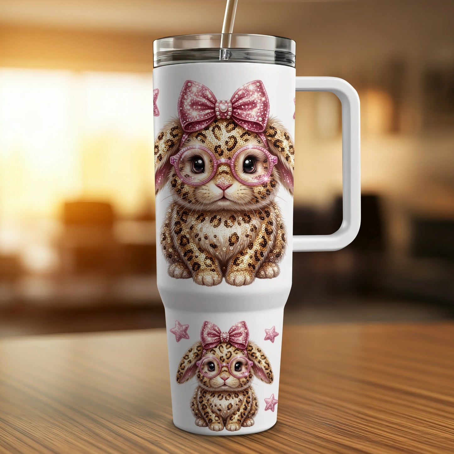 Pink leopard print bunny tumbler with bow and glasses.