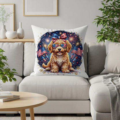 Fluffy dog wearing sunglasses with American flags and fireworks.