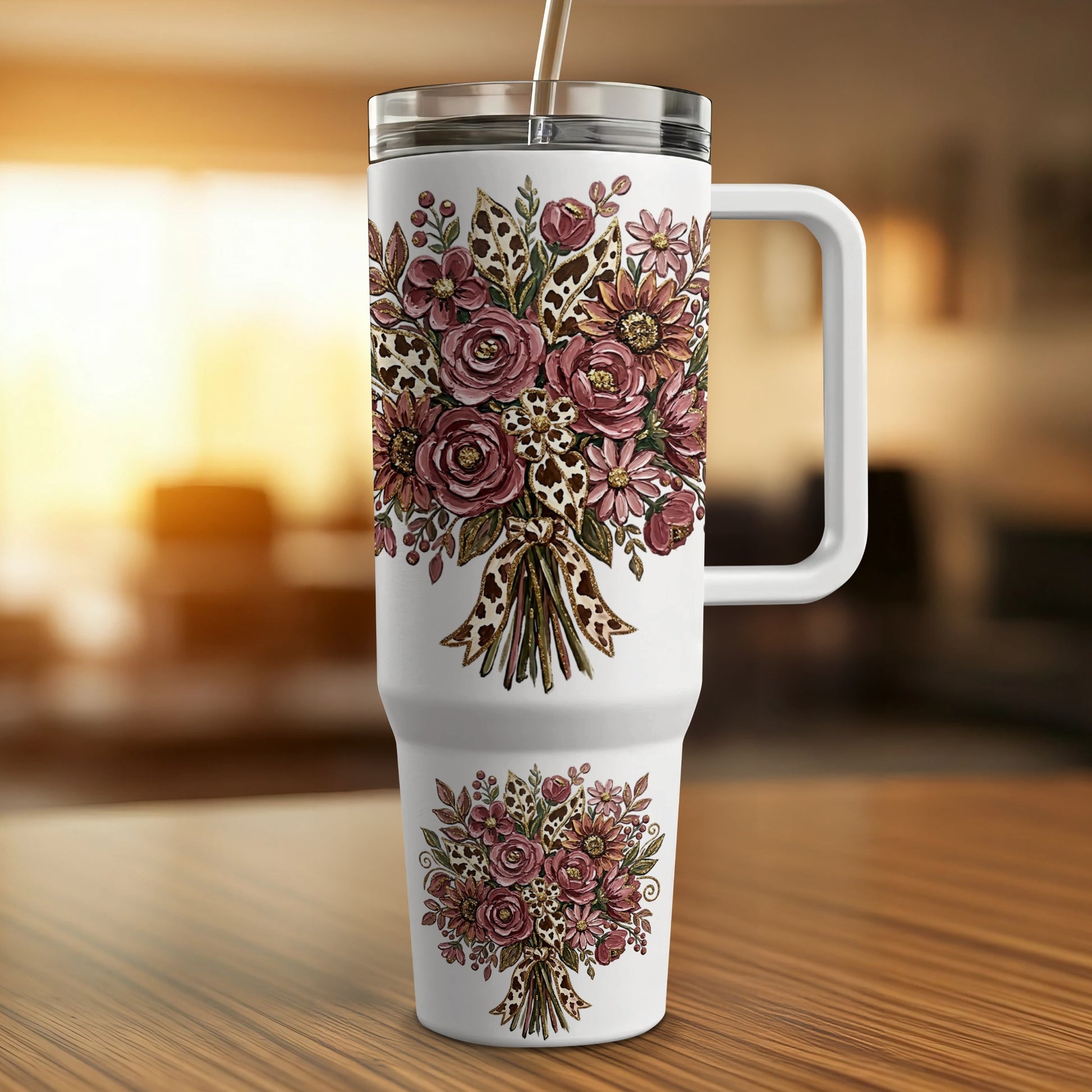 White tumbler with a floral bouquet and cow print ribbon design.