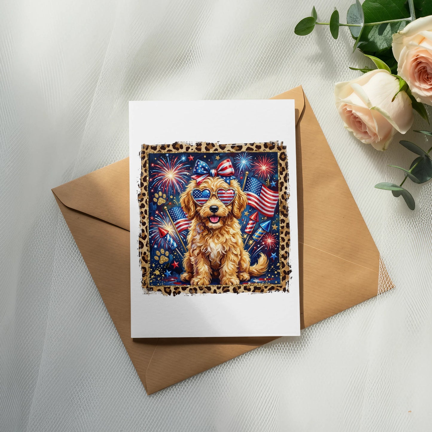 Dog wearing sunglasses and patriotic accessories on a card with fireworks.