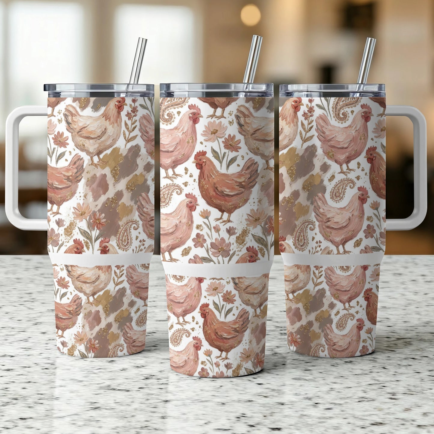 Three insulated tumblers with a chicken and floral pattern.