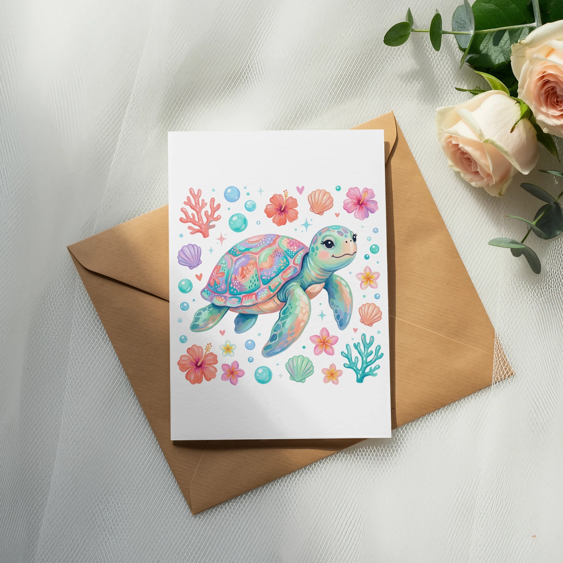 Whimsical sea turtle and floral design on a greeting card.