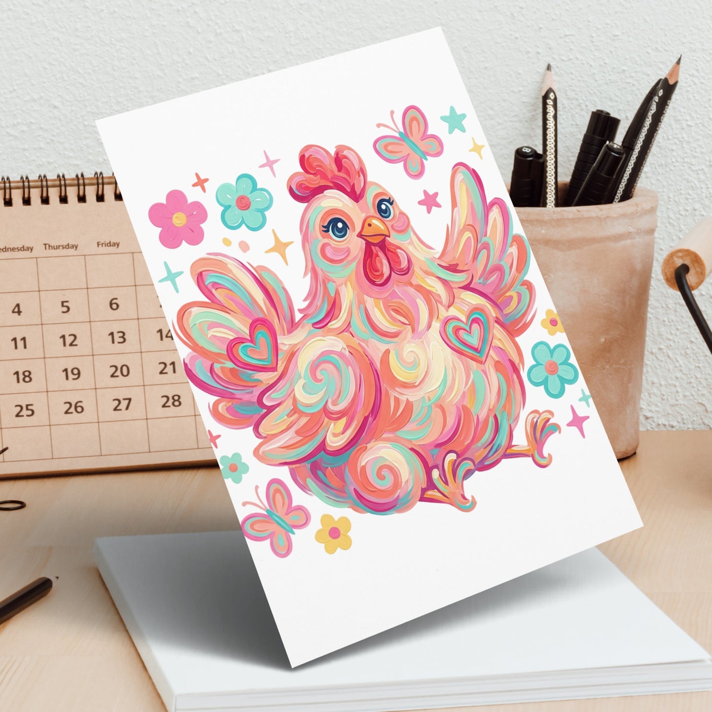Colorful cartoon chicken with hearts and butterflies on a card.