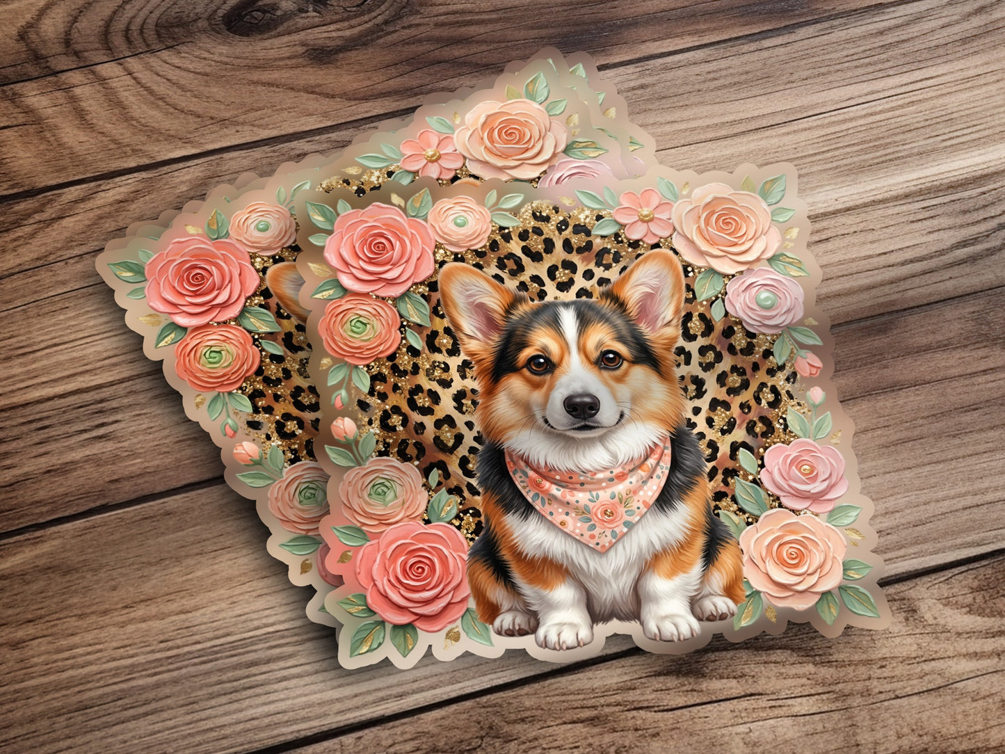 Corgi with floral border and leopard print background.