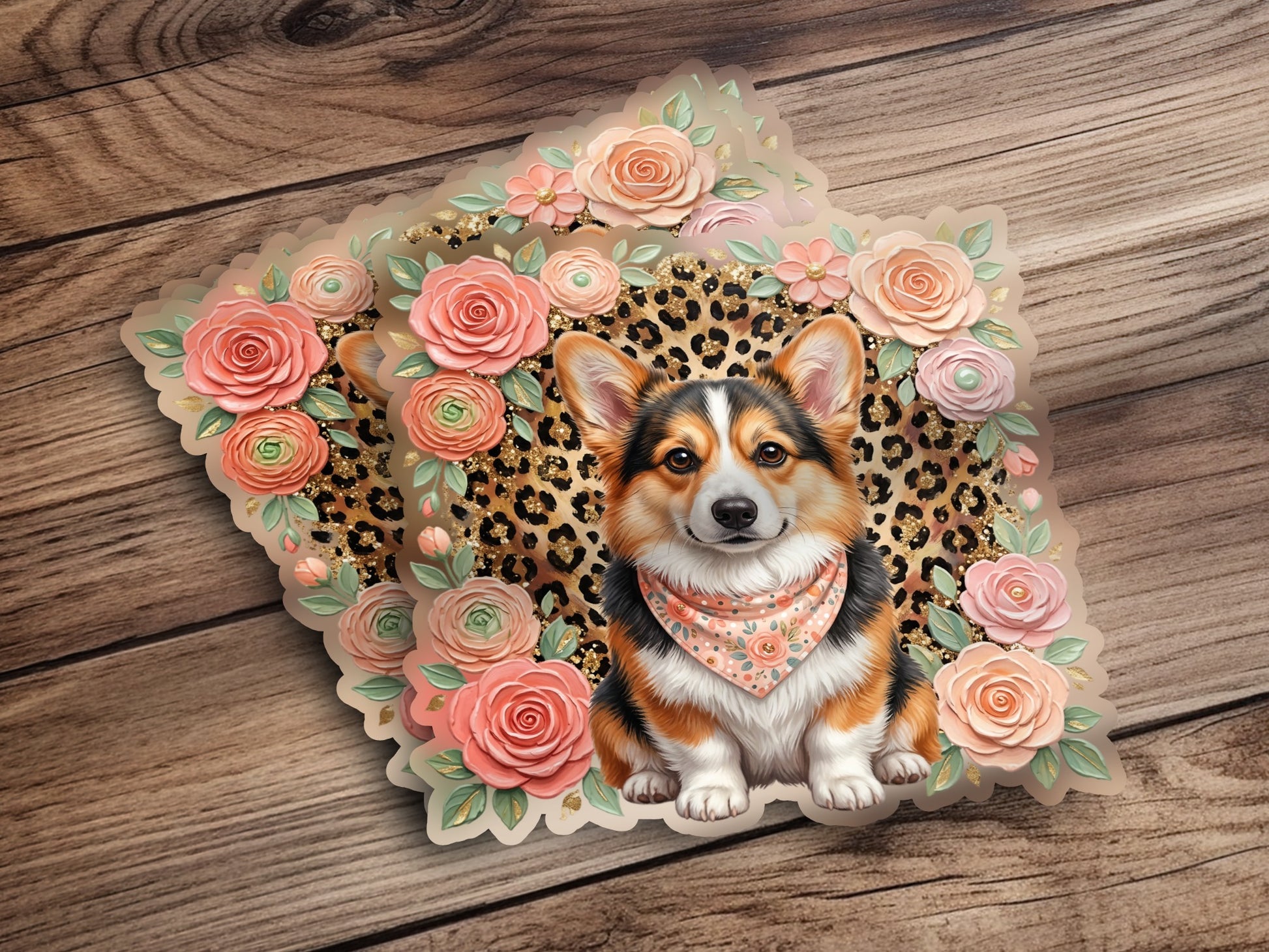Corgi with floral border and leopard print background.