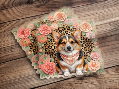 Corgi with floral border and leopard print background.