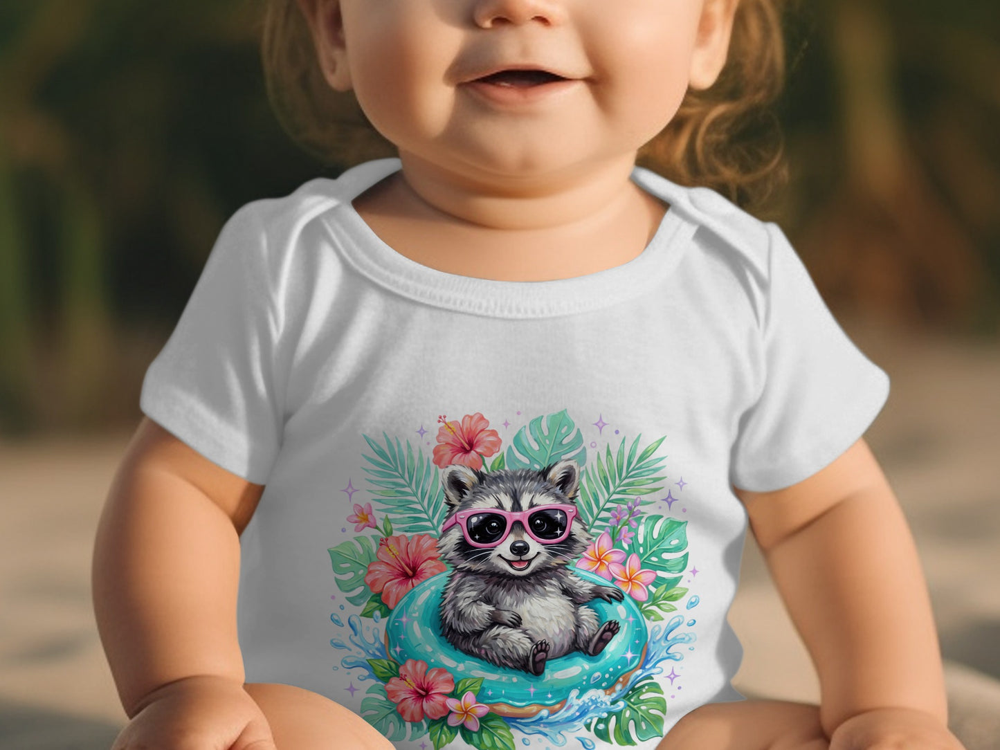 Baby wearing a white bodysuit with a cute raccoon on an inflatable ring.