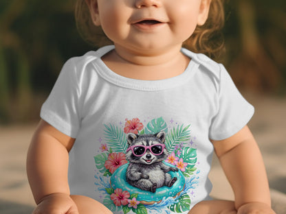 Baby wearing a white bodysuit with a cute raccoon on an inflatable ring.