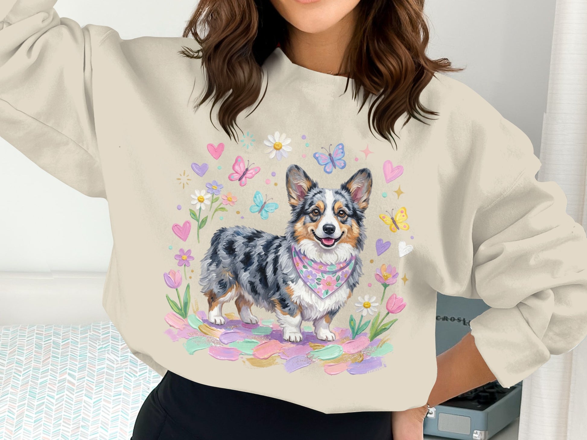 Corgi wearing a bandana surrounded by pastel flowers and butterflies.