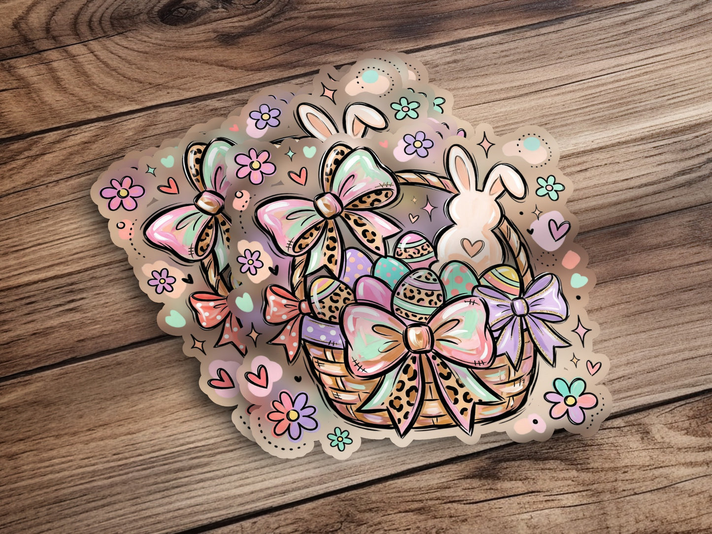 Easter basket sticker sheet with pastel colors, bows, eggs, and bunnies.