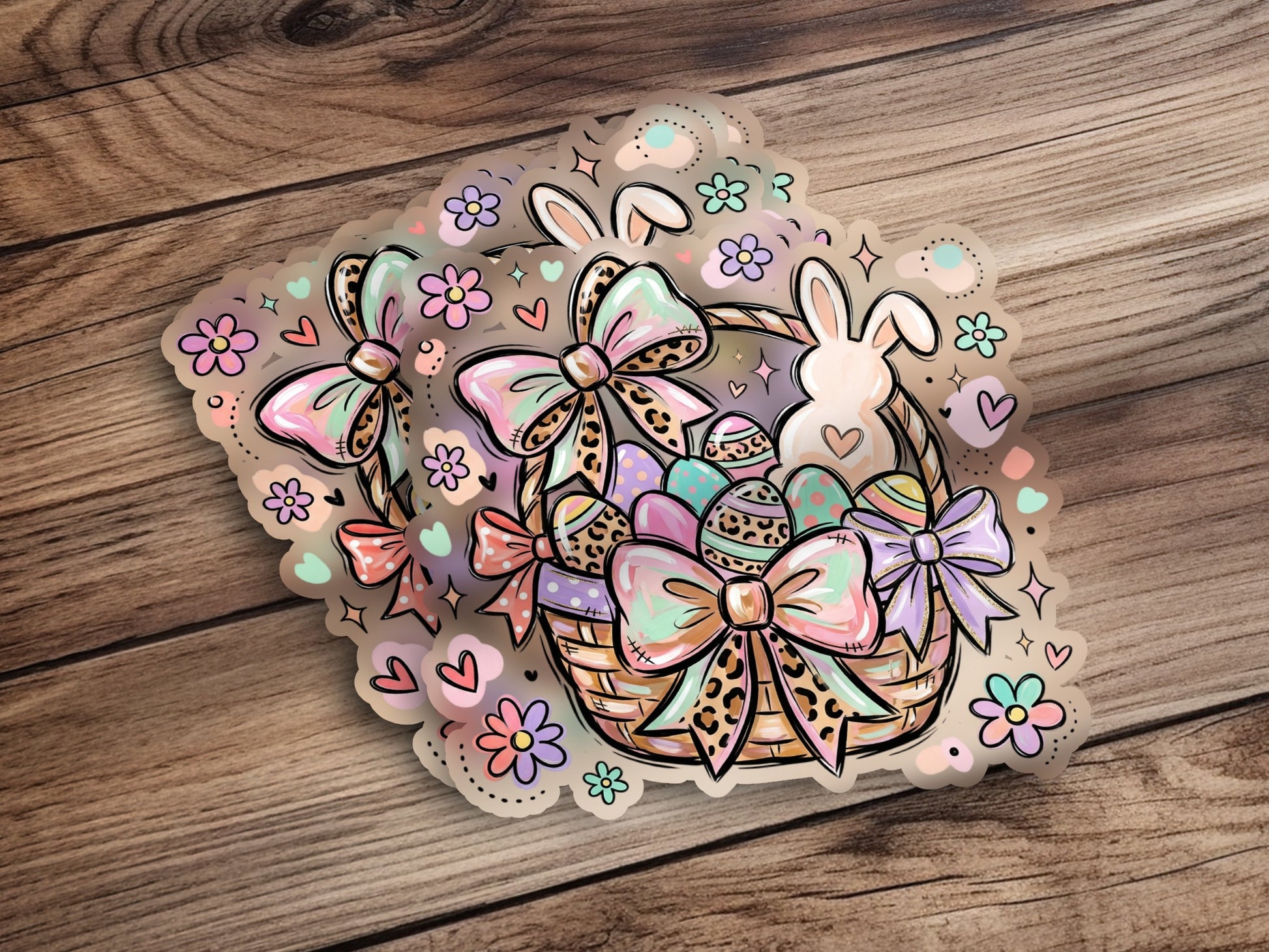 Easter basket sticker sheet with pastel colors, bows, eggs, and bunnies.
