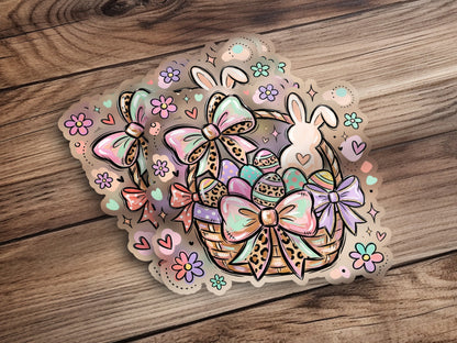 Easter basket sticker sheet with pastel colors, bows, eggs, and bunnies.