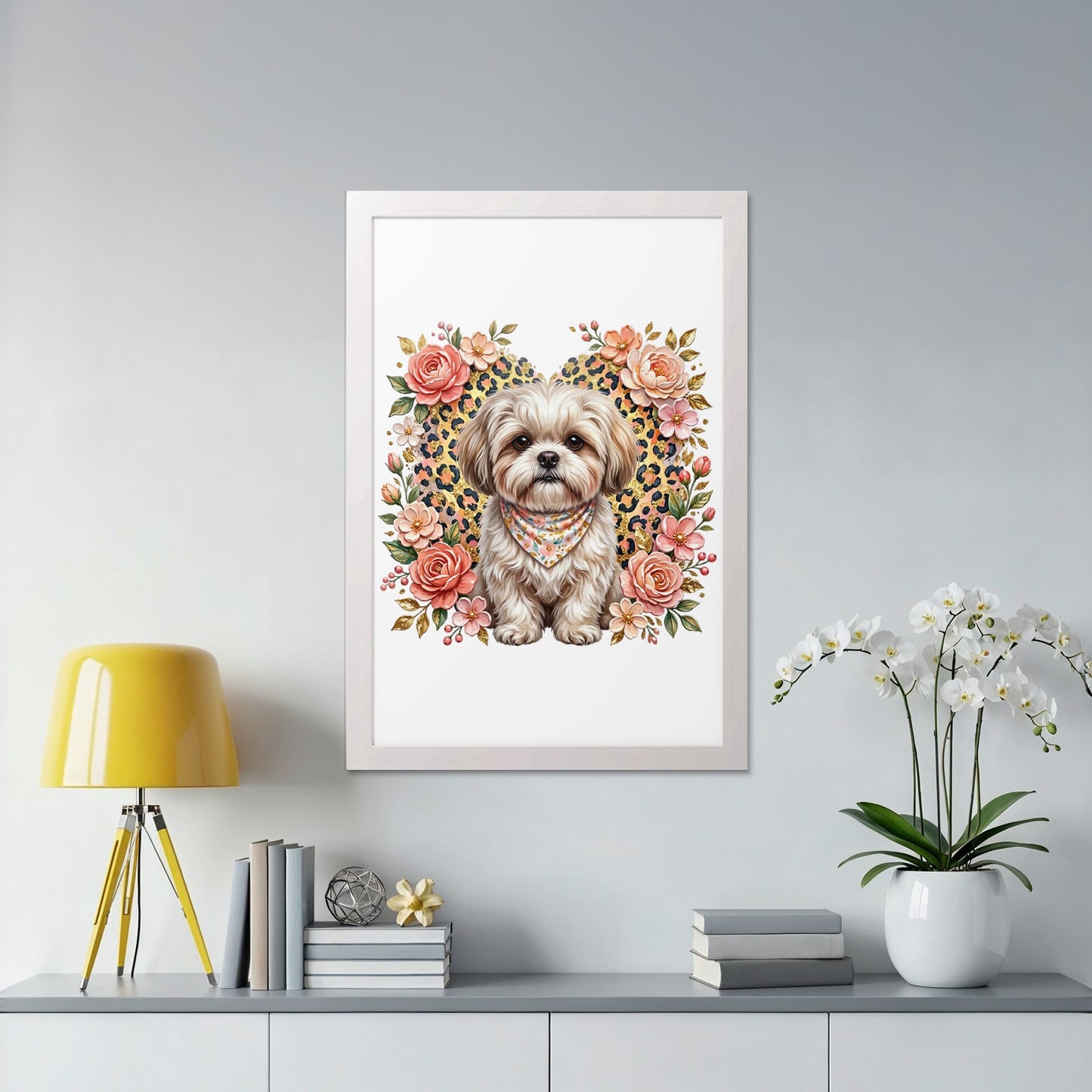 Shih Tzu dog wearing bandana in floral heart frame.