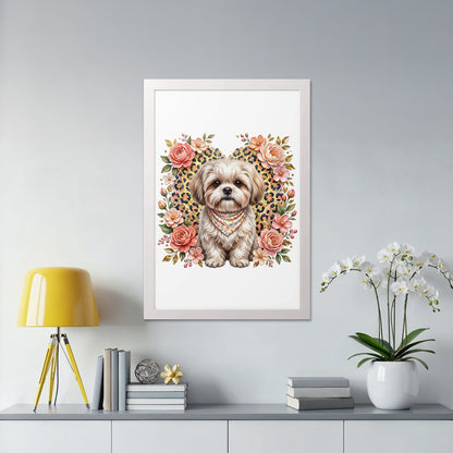 Shih Tzu dog wearing bandana in floral heart frame.