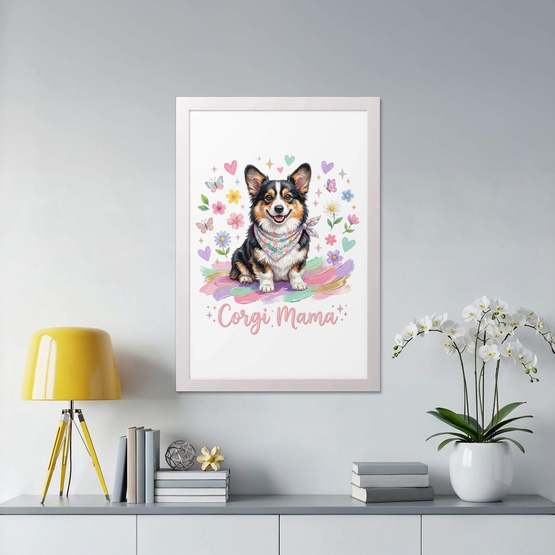 Framed print of a Corgi dog wearing a bandana, with "Corgi Mama" text.