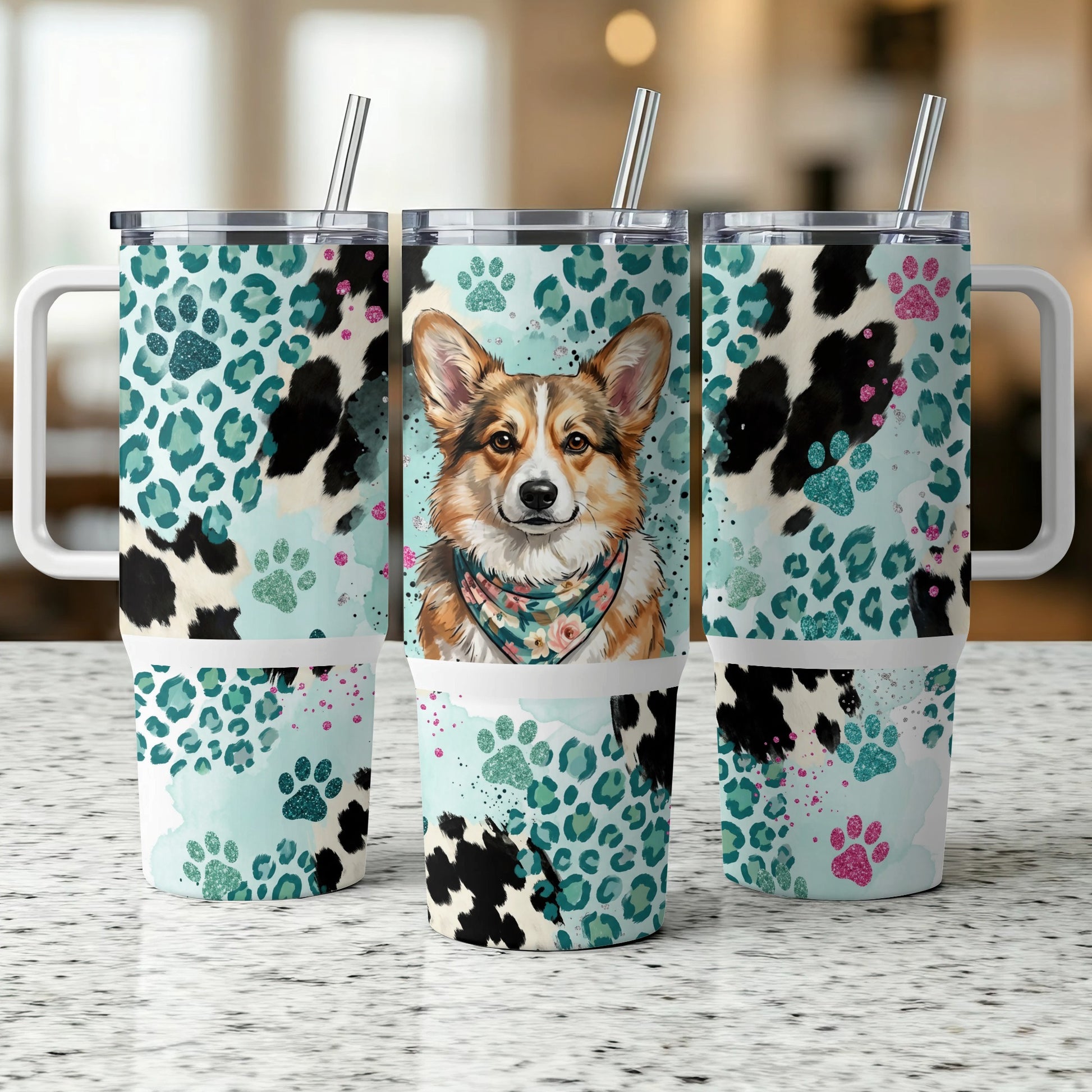 Three tumblers featuring a corgi with a bandana against a leopard print and watercolor background.