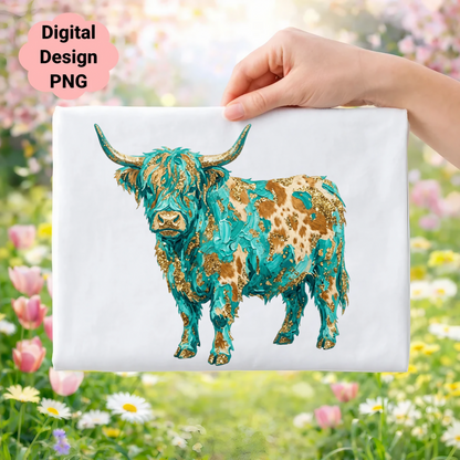 Highland cow illustration with teal and gold accents on white background.