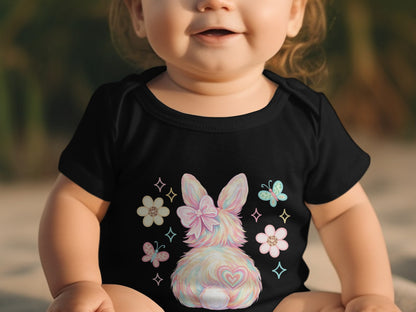 Black baby onesie with pastel bunny, flowers, and butterflies.