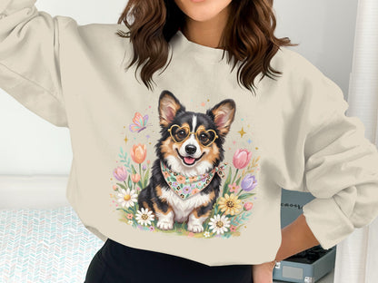 Woman wearing a sweatshirt with a corgi wearing heart glasses surrounded by flowers.