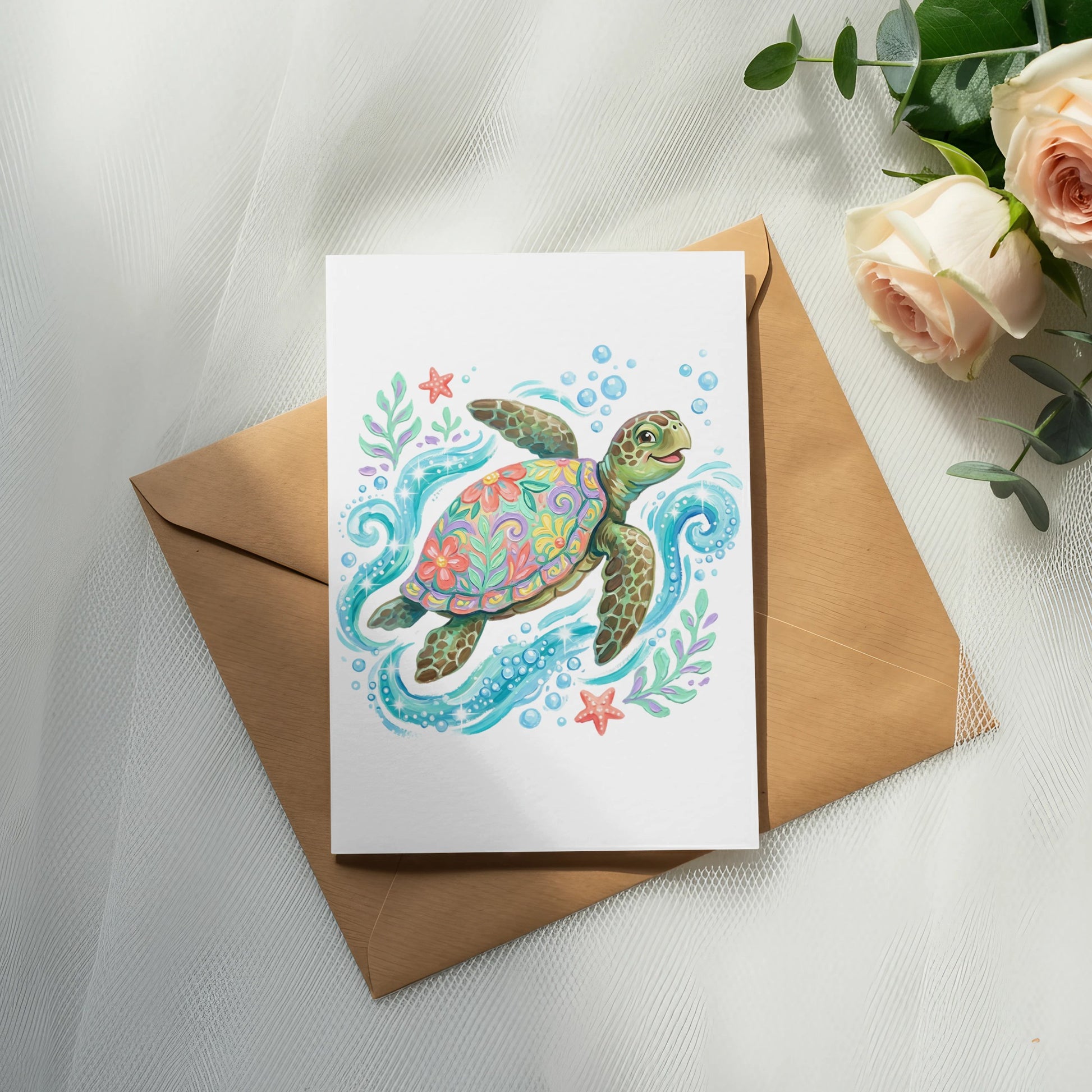 Card featuring a colorful, patterned sea turtle with starfish and bubbles.