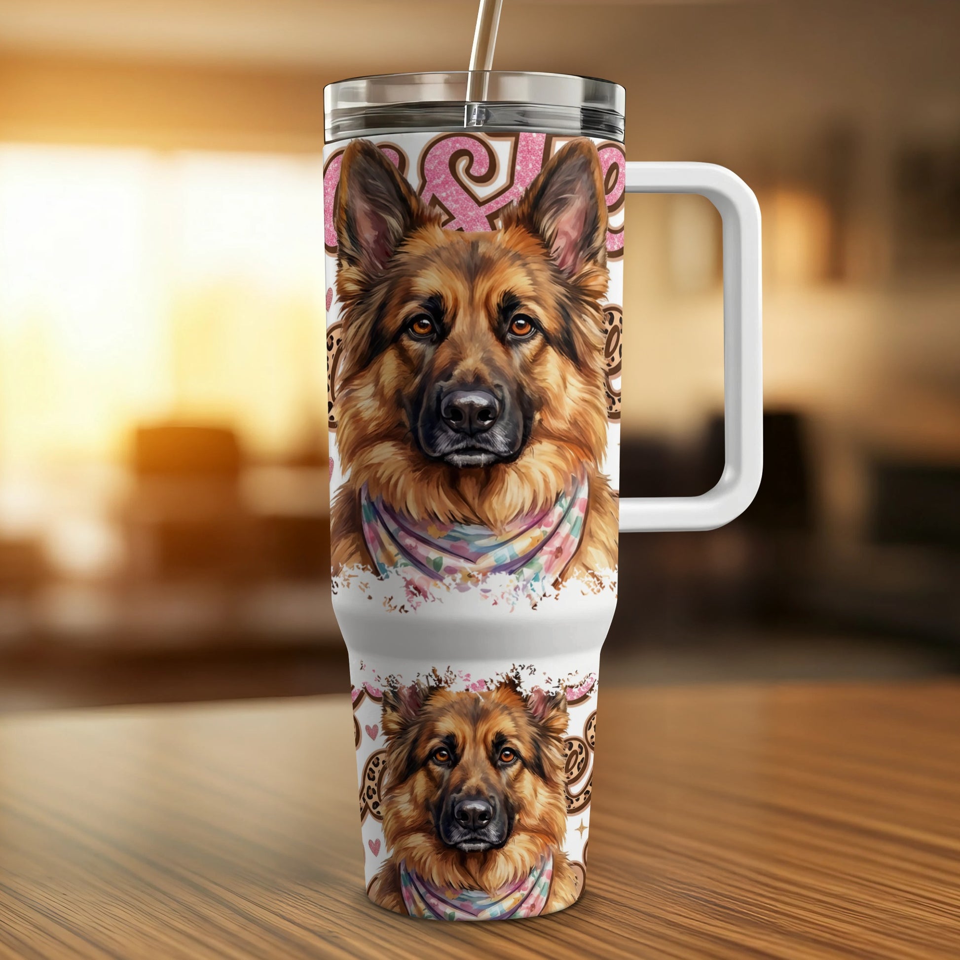 German Shepherd portrait on tumbler with handle and straw.