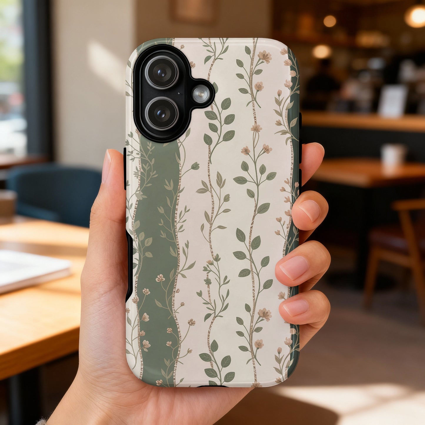 Hand holding phone with beige and green floral vine pattern.