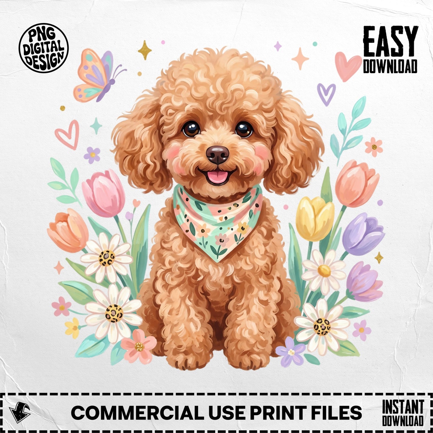 Fluffy poodle wearing bandana surrounded by tulips and butterflies.