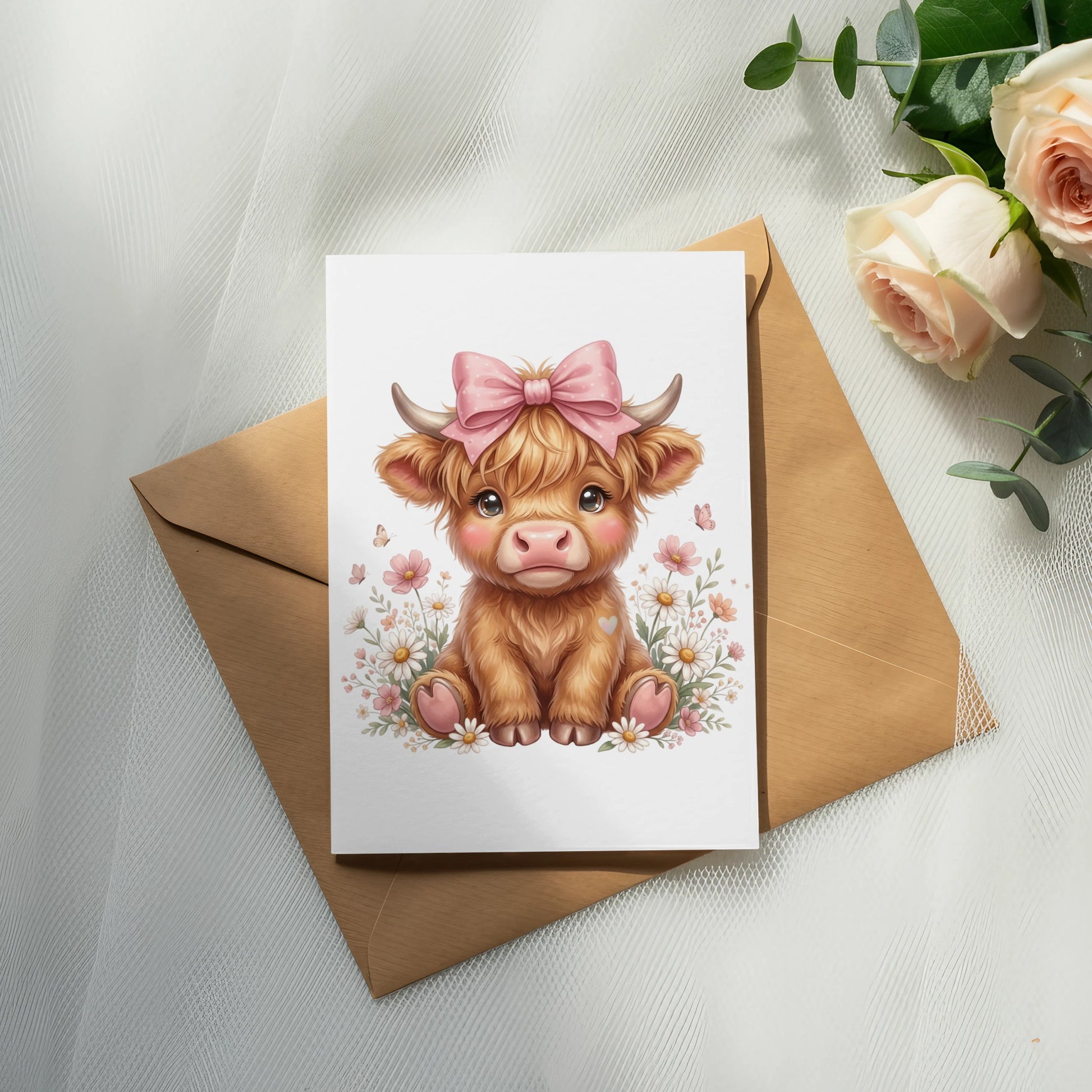 A fluffy Highland calf with a pink bow sits on a card with flowers and butterflies.