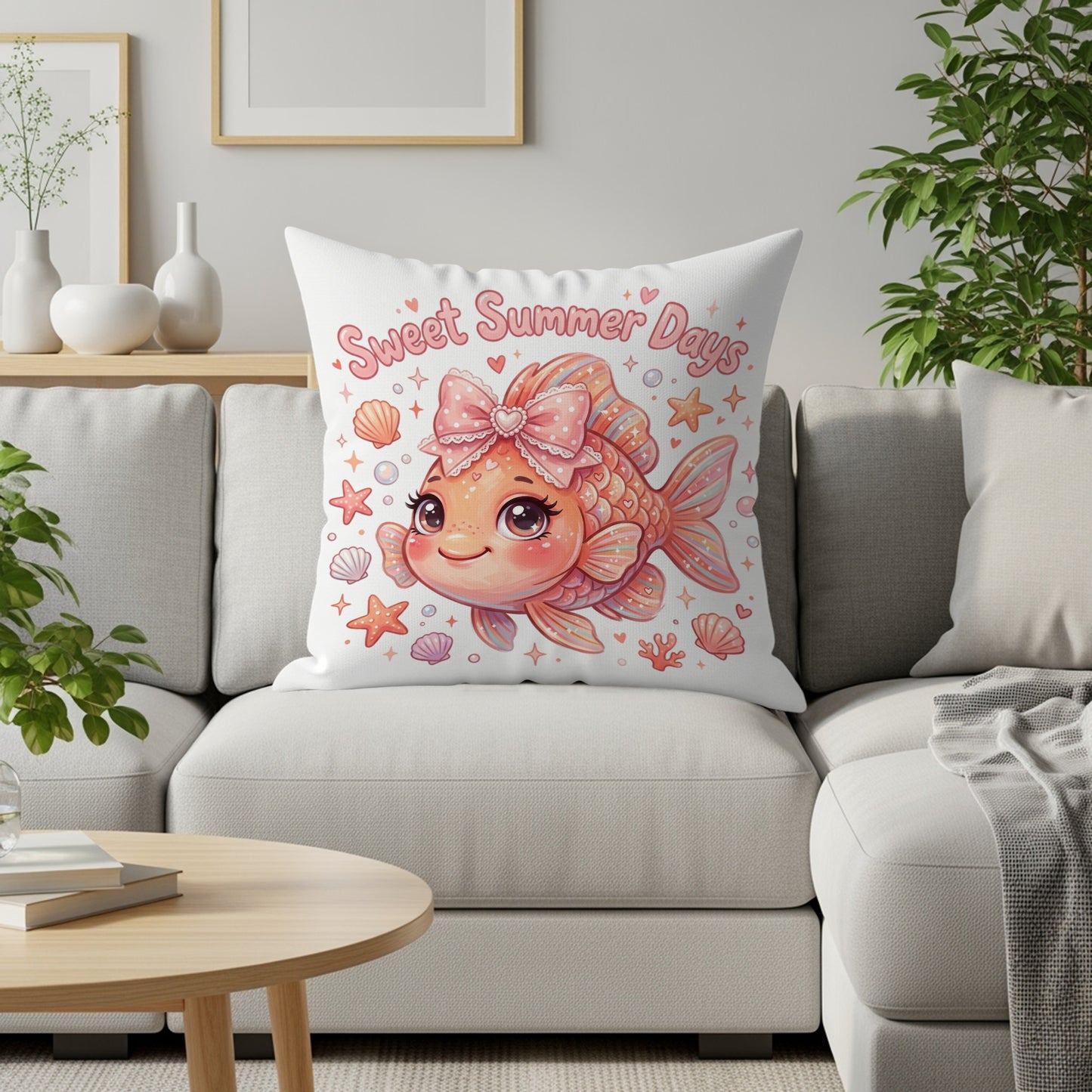 Cartoon goldfish with pink bow and "Sweet Summer Days" text on cushion.