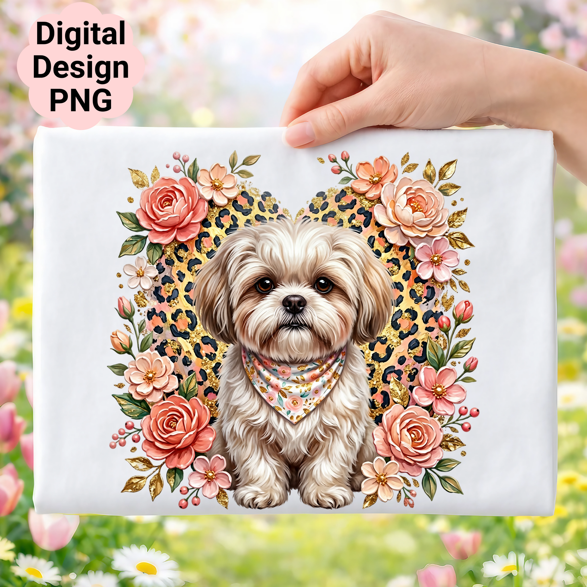 Fluffy dog in floral heart with leopard print, digital design PNG.