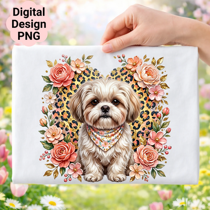 Fluffy dog in floral heart with leopard print, digital design PNG.
