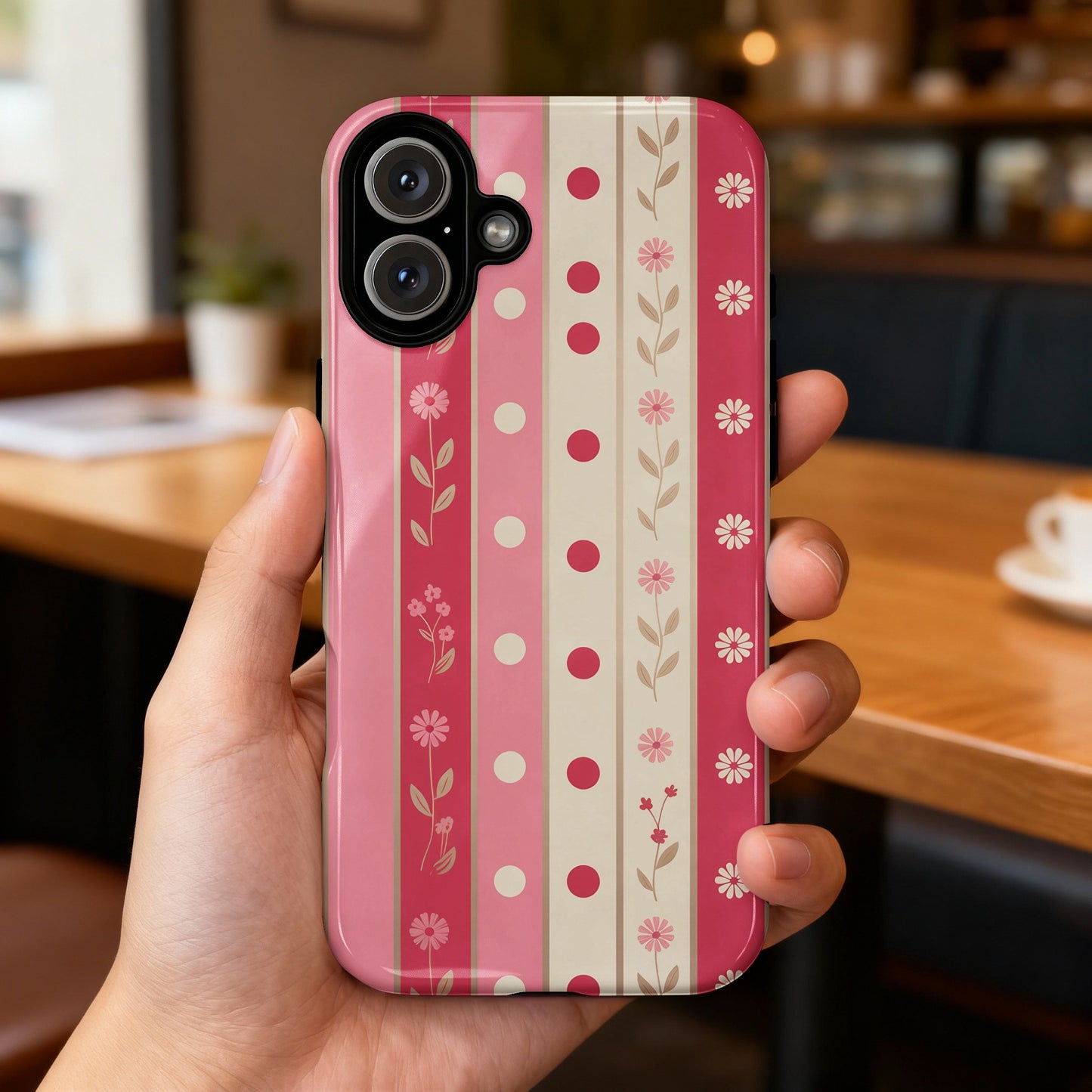 Pink striped phone case with floral pattern held in hand.