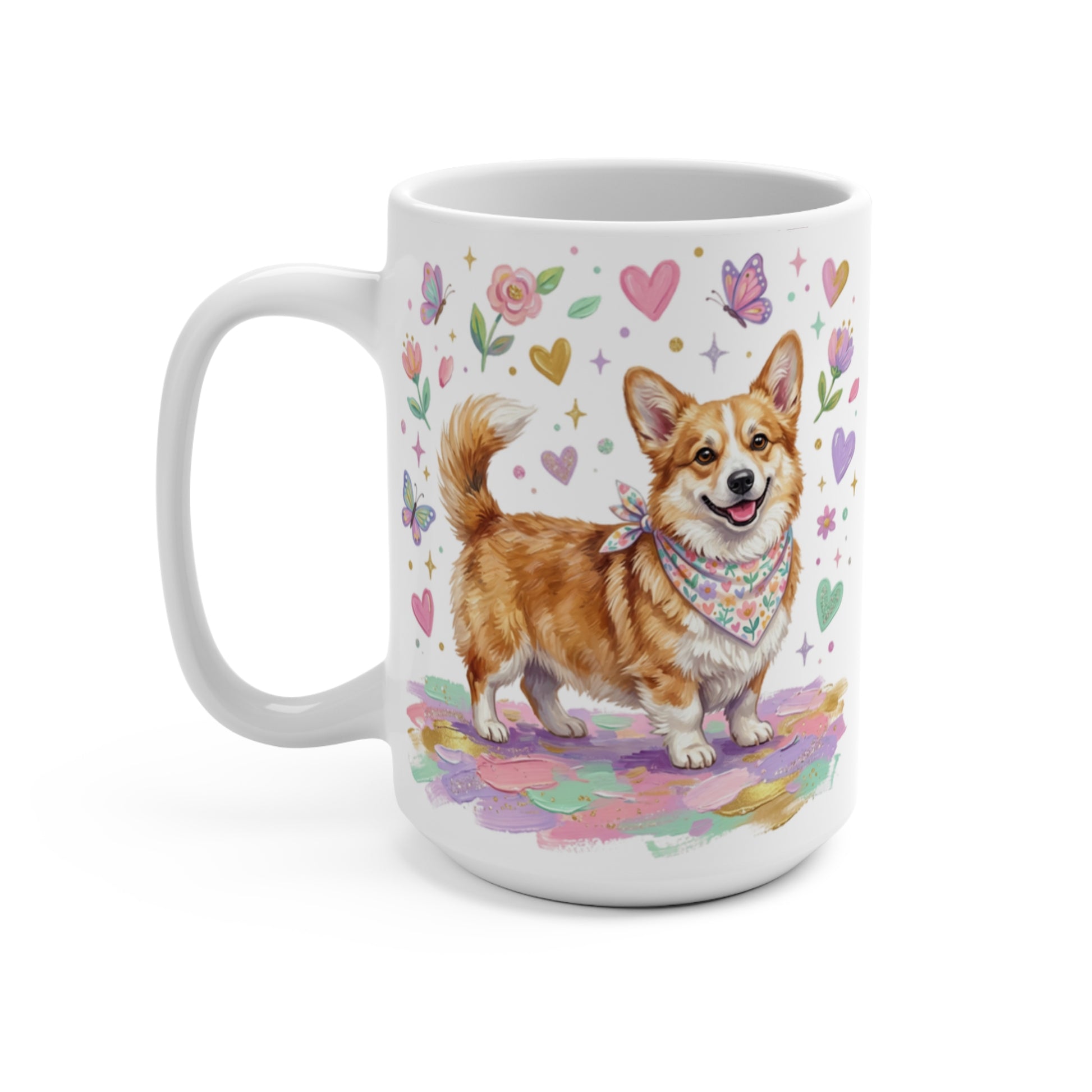 Corgi wearing a bandana with colorful background and butterflies.