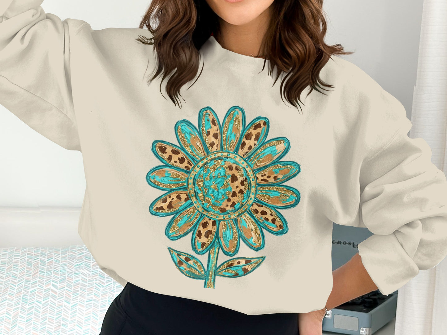 Crewneck sweatshirt with a teal and brown leopard print flower.