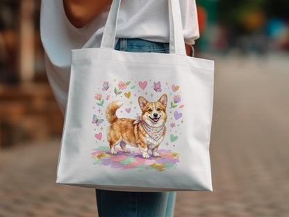 White tote bag with a watercolor corgi, butterflies, and flowers design.